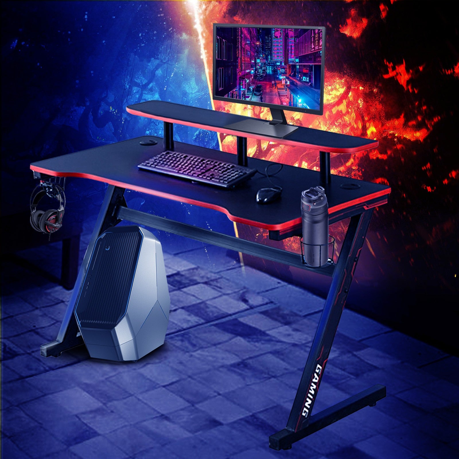 Gaming Desk 47.2 Inches Home Office Computer Table, Black Gamer Workstation